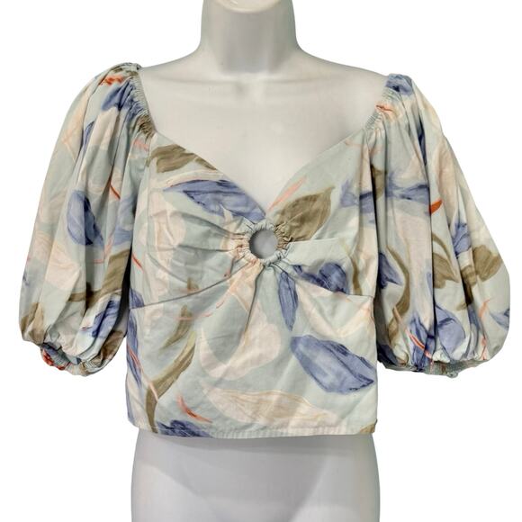 Abercrombie & Fitch Blue White Green Floral Smocked Puff Sleeve Crop Top size L - Picture 1 of 10